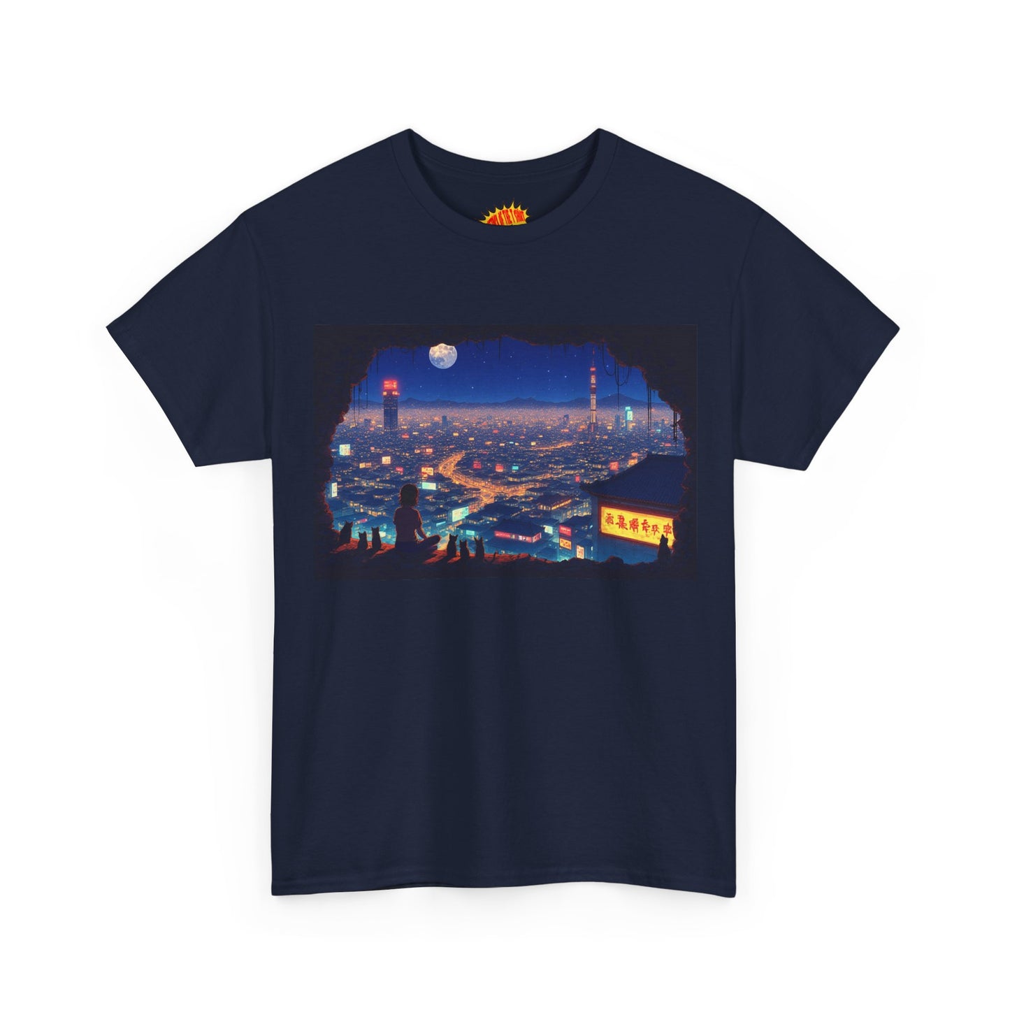 Anime Neon Cityscape Scene w/Girl & Cats T-Shirt *Multiple Colors*