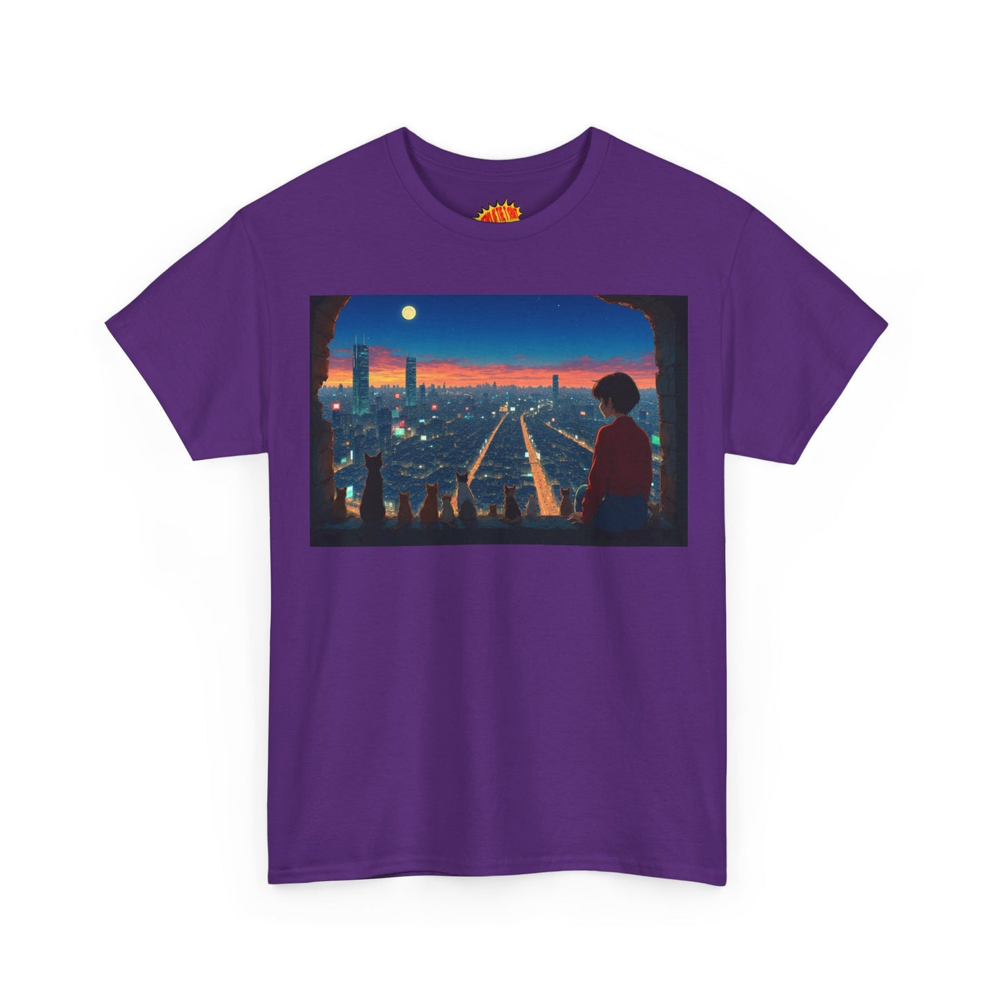 Neon Cityscape Anime Scene w/Girl & Cats T-Shirt *Multiple Colors*