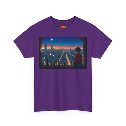 Neon Cityscape Anime Scene w/Girl & Cats T-Shirt