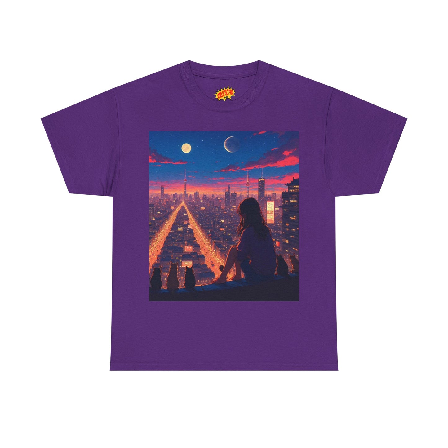 Anime City Twin Moon Scene w/Cats T-Shirt *Multiple Colors*