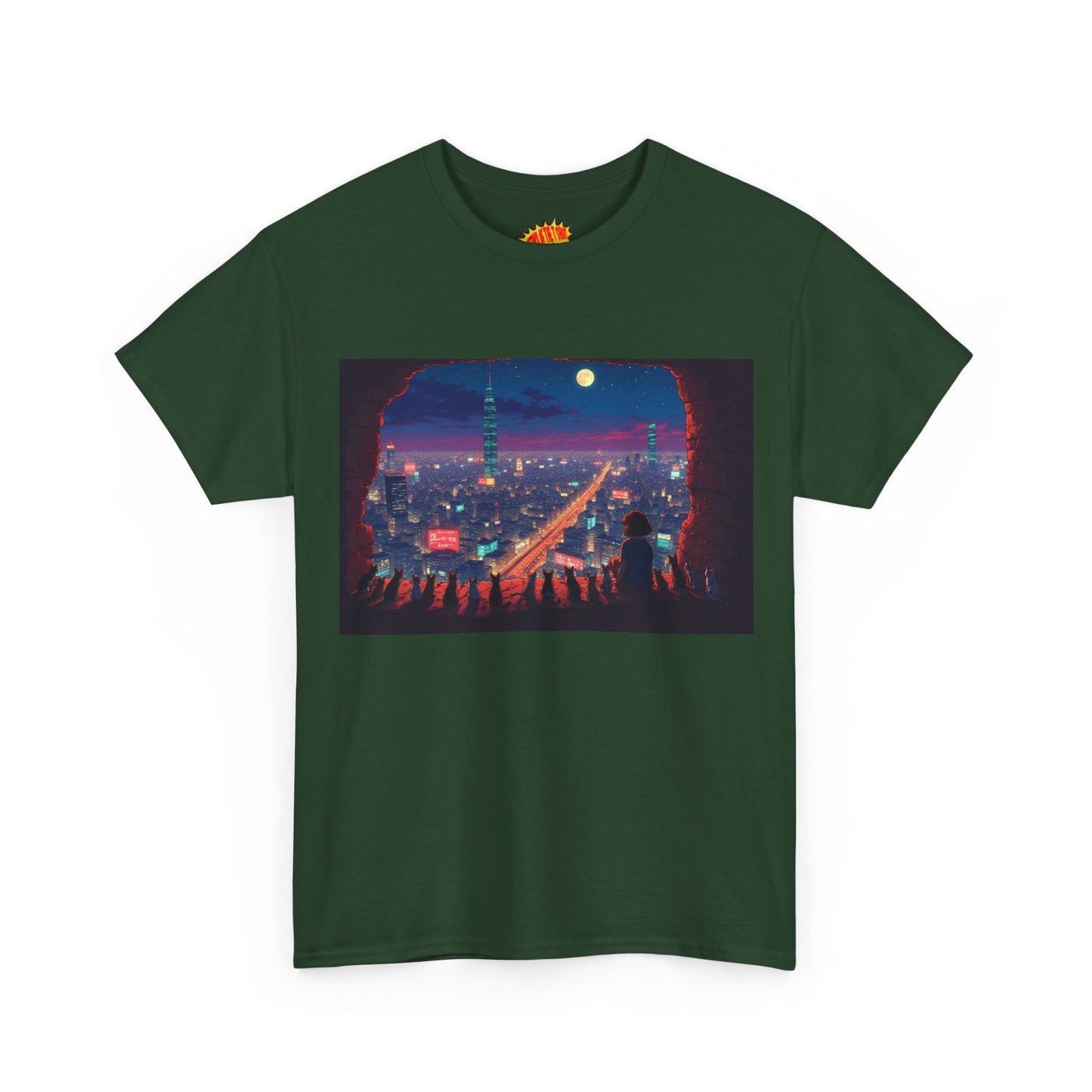 Anime Neon Cityscape Scene w/Cats T-Shirt *Multiple Colors*