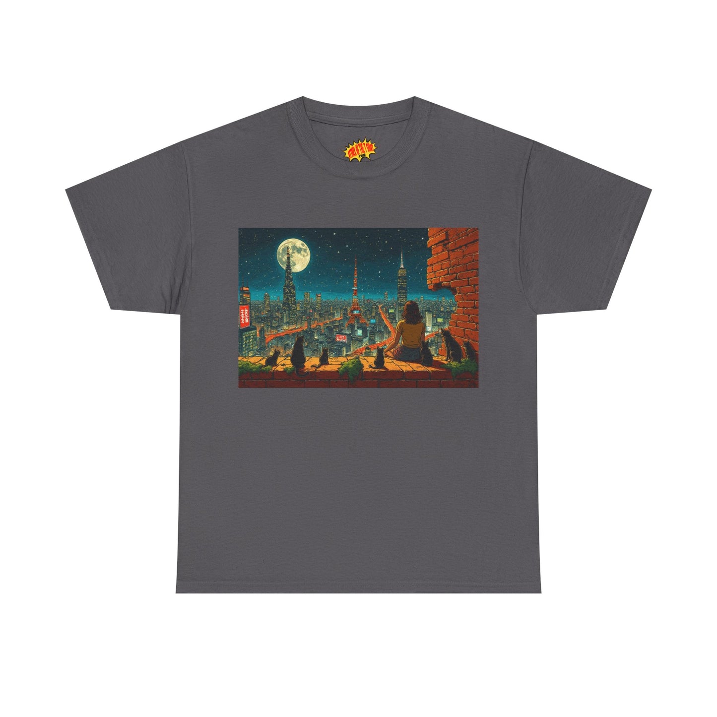 Anime Cityscape Full Moon Scene w/Girl & Cats T-Shirt *Multiple Colors*