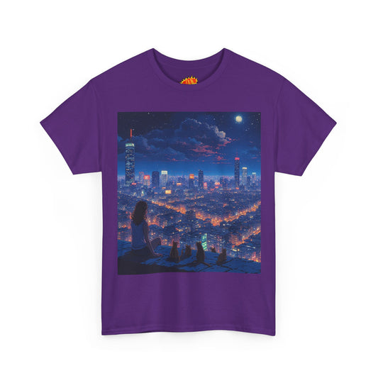 Neon Anime Cityscape Scene w/Girl & Cats T-Shirt *Multiple Colors*
