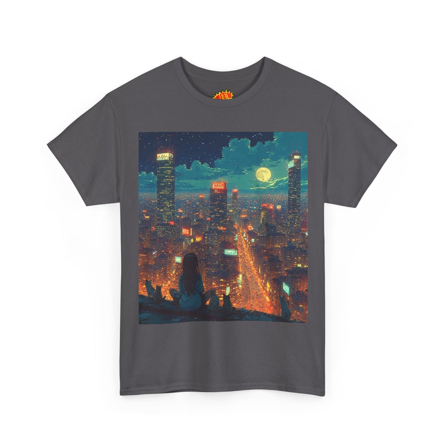 Nighttime Neon Anime Cityscape w/Girl & Cats T-Shirt *Multiple Colors*