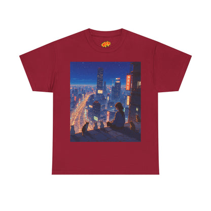 Neon Anime City Night Scene w/Girl & Cats T-Shirt