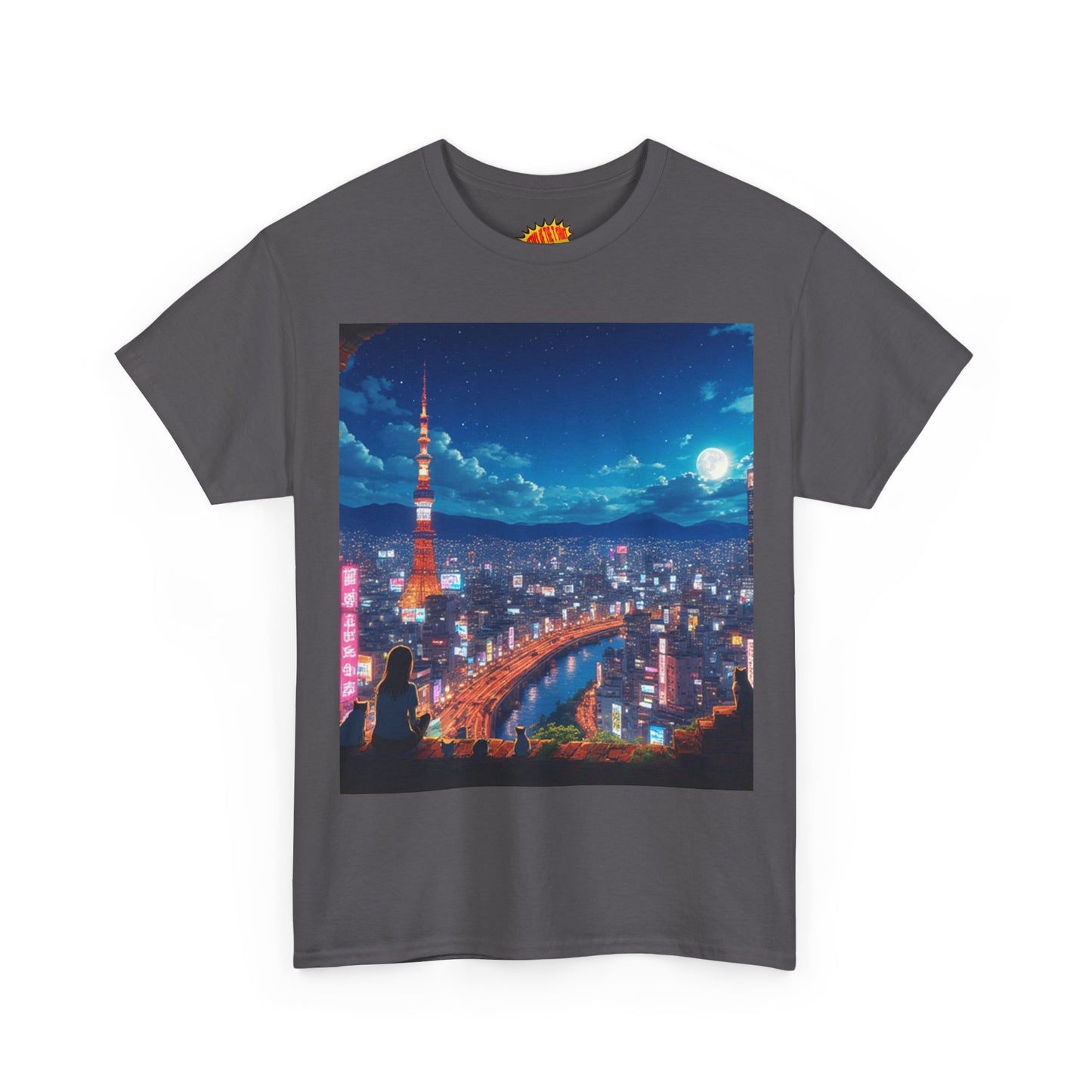 Neon Cityscape Nighttime Anime Scene w/Girl & Cats T-Shirt *Multiple Colors*