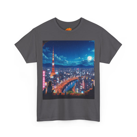 Neon Cityscape Nighttime Anime Scene w/Girl & Cats T-Shirt *Multiple Colors*