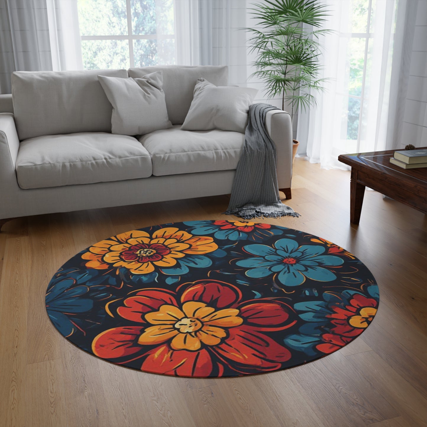 Retro Flower Pattern 70's Style Area Rug - 60in Diameter Round Rug