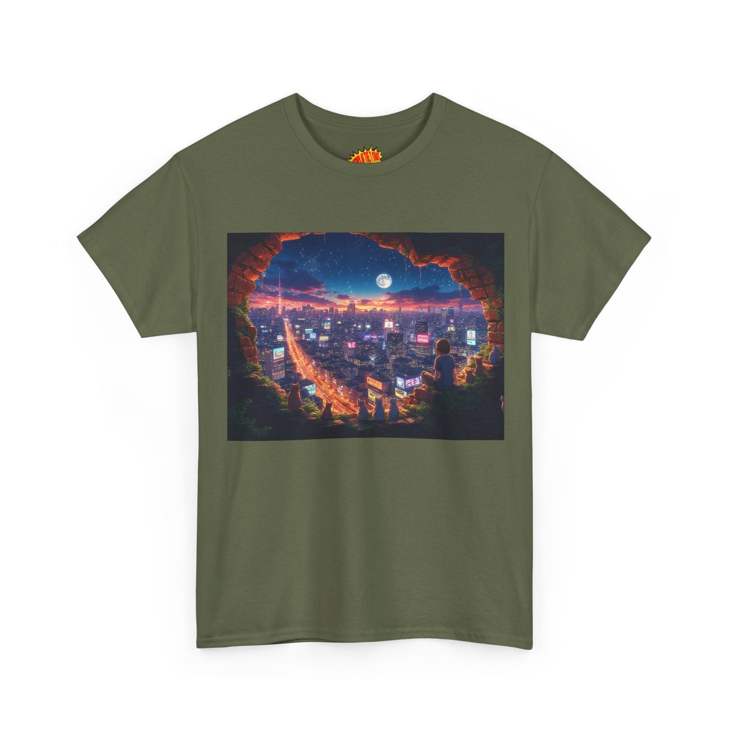 Anime Neon City Nighttime Scene w/Girl & Cats T-Shirt *Multiple Colors*