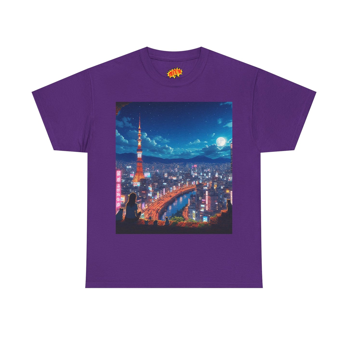 Neon Cityscape Nighttime Anime Scene w/Girl & Cats T-Shirt *Multiple Colors*