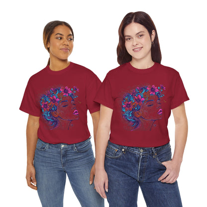 Multicolor Line Drawing Human Flower Graphic Art Tee Shirt