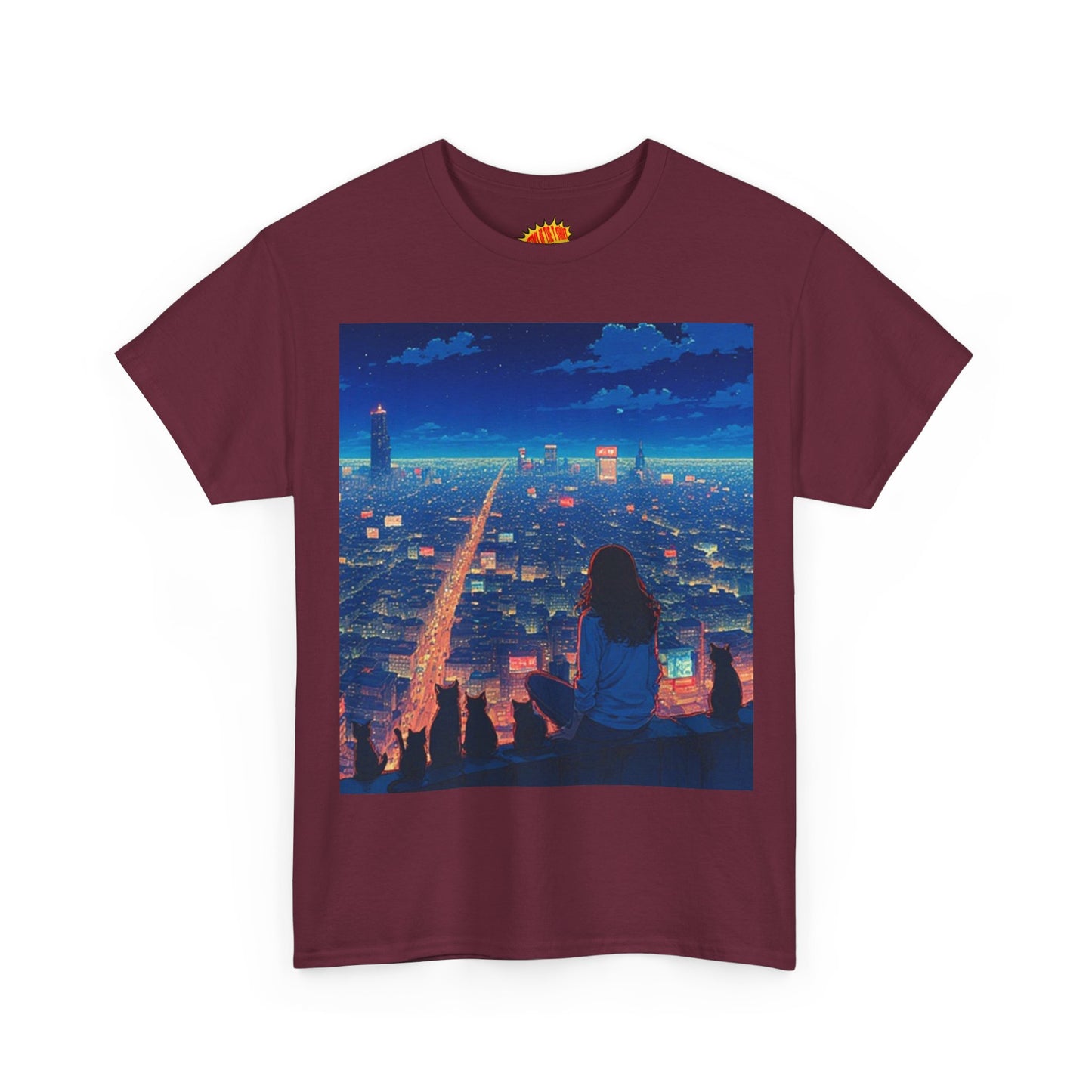 Anime Cityscape Night Sky Scene w/Girl & Cats T-Shirt *Multiple Colors*