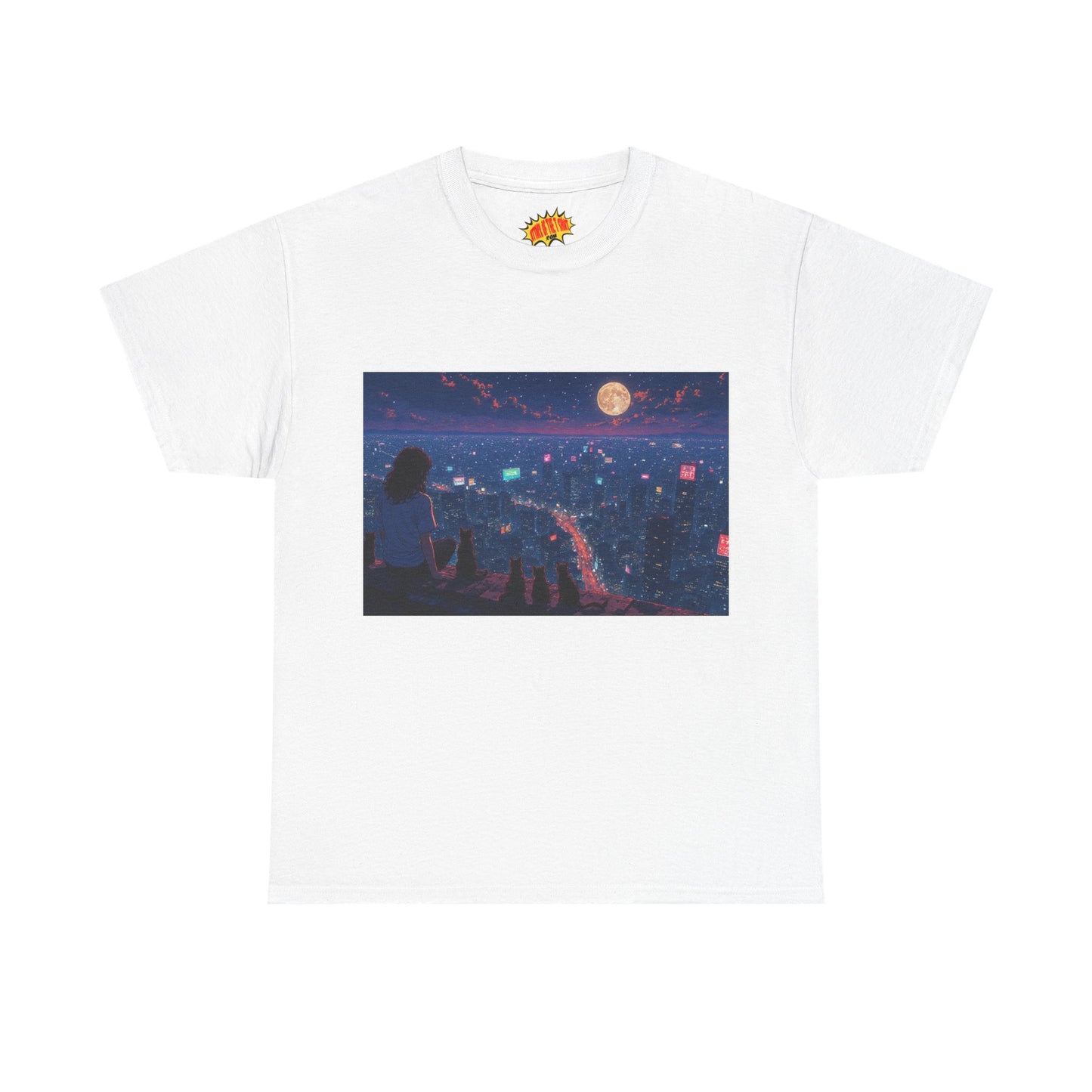 Anime Nighttime Cityscape w/Girl & Cats T-Shirt *Multiple Colors*