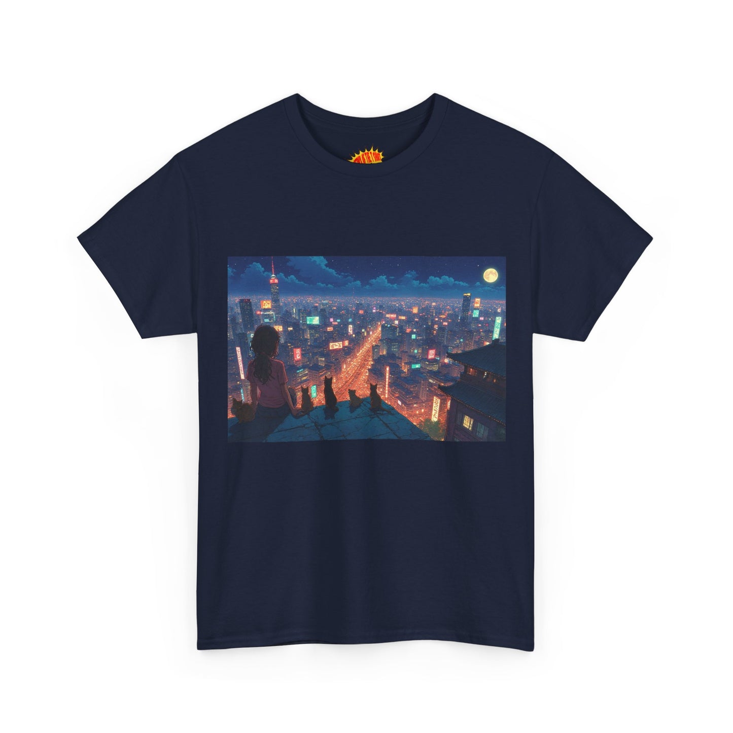 Anime Neon Cityscape Scene w/Girl & Cats T-Shirt *Multiple Colors*