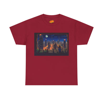 Neon Anime Cityscape Full Moon w/Girl & Cats T-Shirt