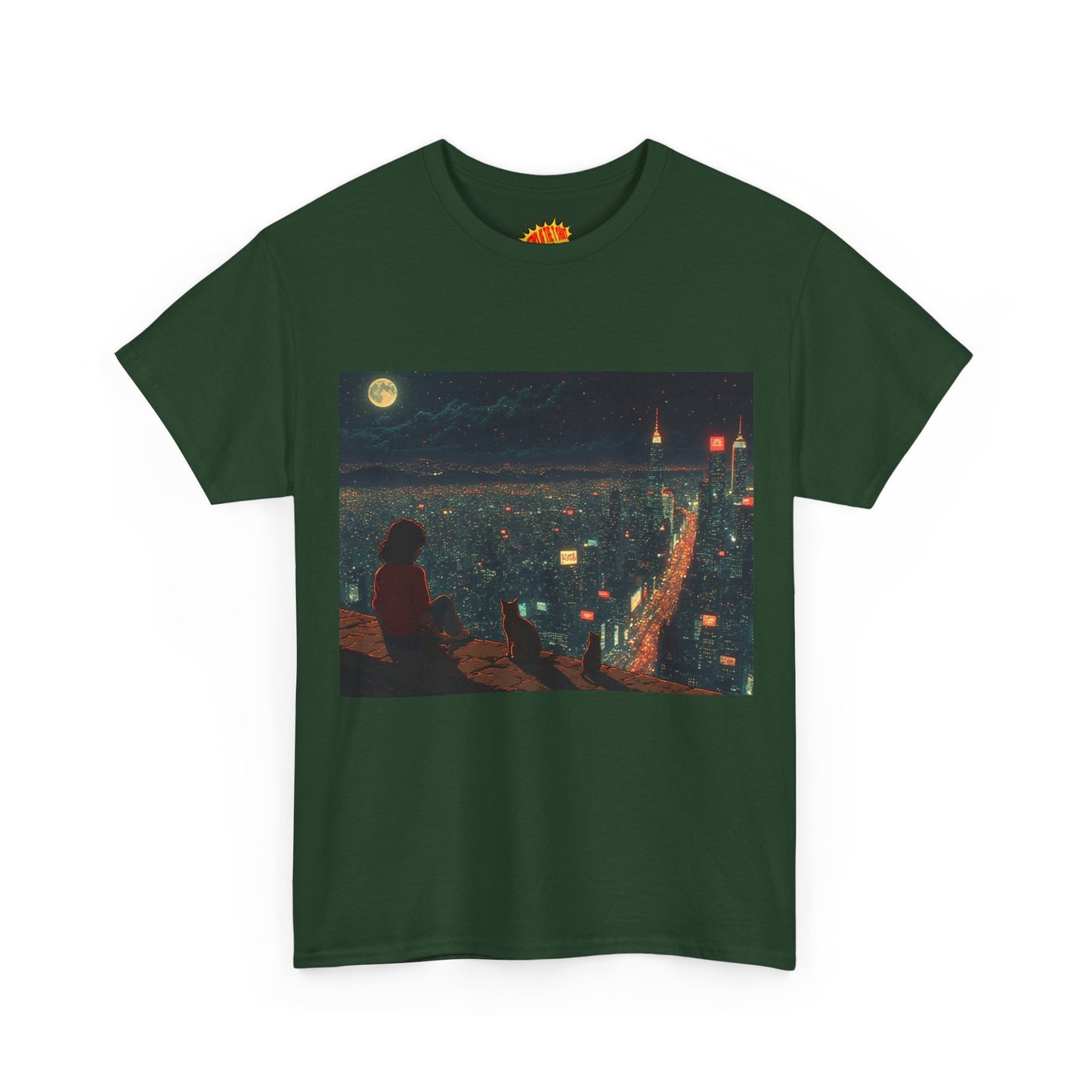 Anime Nighttime Cityscape w/Cats T-Shirt *Multiple Colors*