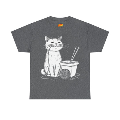 Happy Cat w/Noodles + Yarn Ball Art Drawing Tee Shirt