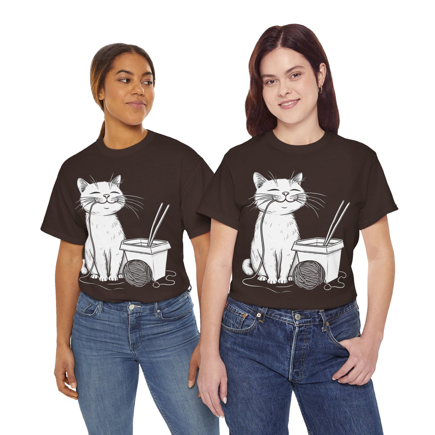 Happy Cat w/Noodles + Yarn Ball Art Drawing Tee Shirt *Multiple Colors*