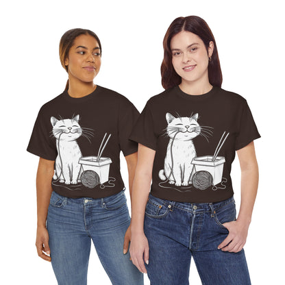 Happy Cat w/Noodles + Yarn Ball Art Drawing Tee Shirt