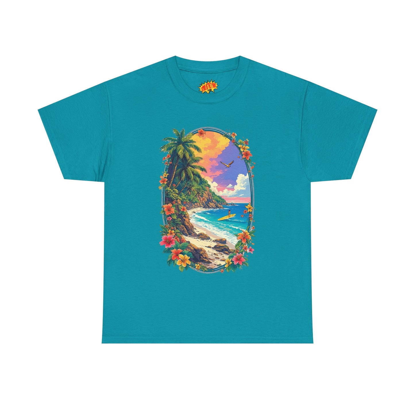 Tropical Beach Scene w/Oval Floral Frame T-Shirt *Multiple Colors*