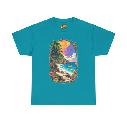 Tropical Beach Scene w/Oval Floral Frame T-Shirt