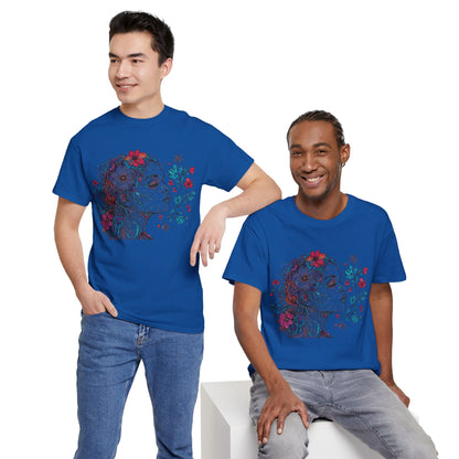 Multicolor Line Drawing Human Graphic Flower Art Tee Shirt