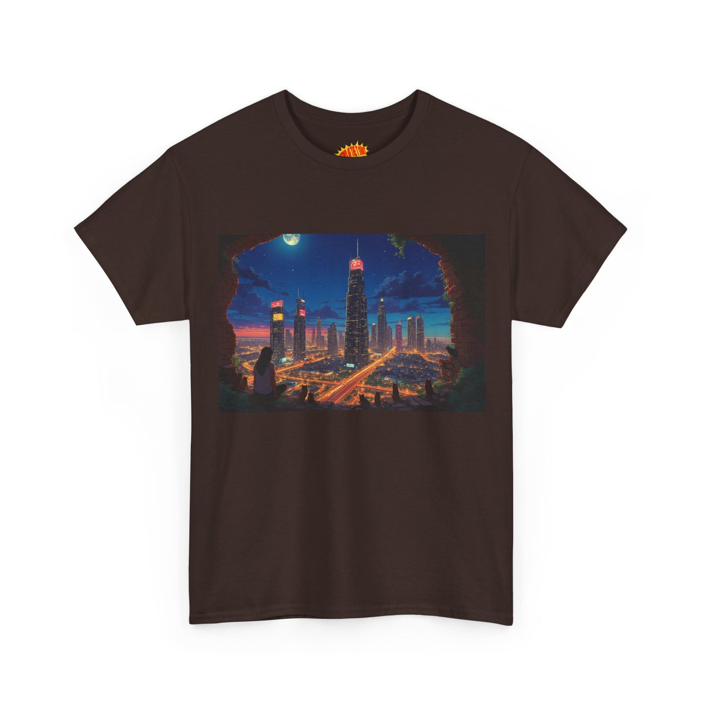 Anime Cityscape Night Scene w/Girl & Cats T-Shirt *Multiple Colors*