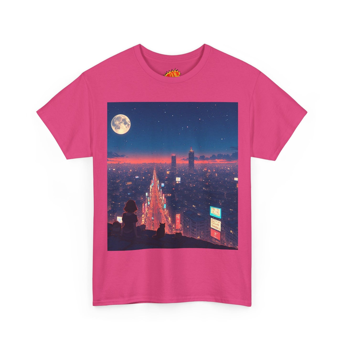 Anime Neon City Night Scene w/Girl & Cats T-Shirt *Multiple Colors*