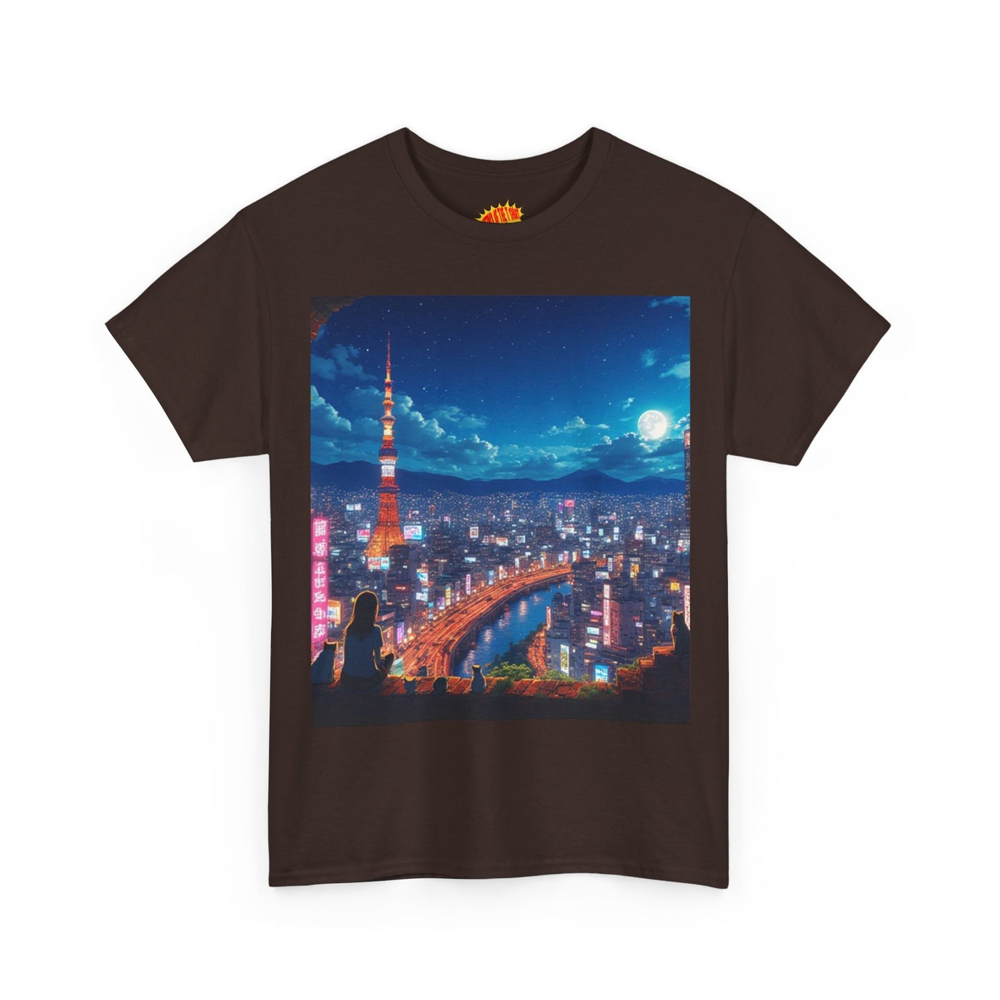 Neon Cityscape Nighttime Anime Scene w/Girl & Cats T-Shirt *Multiple Colors*