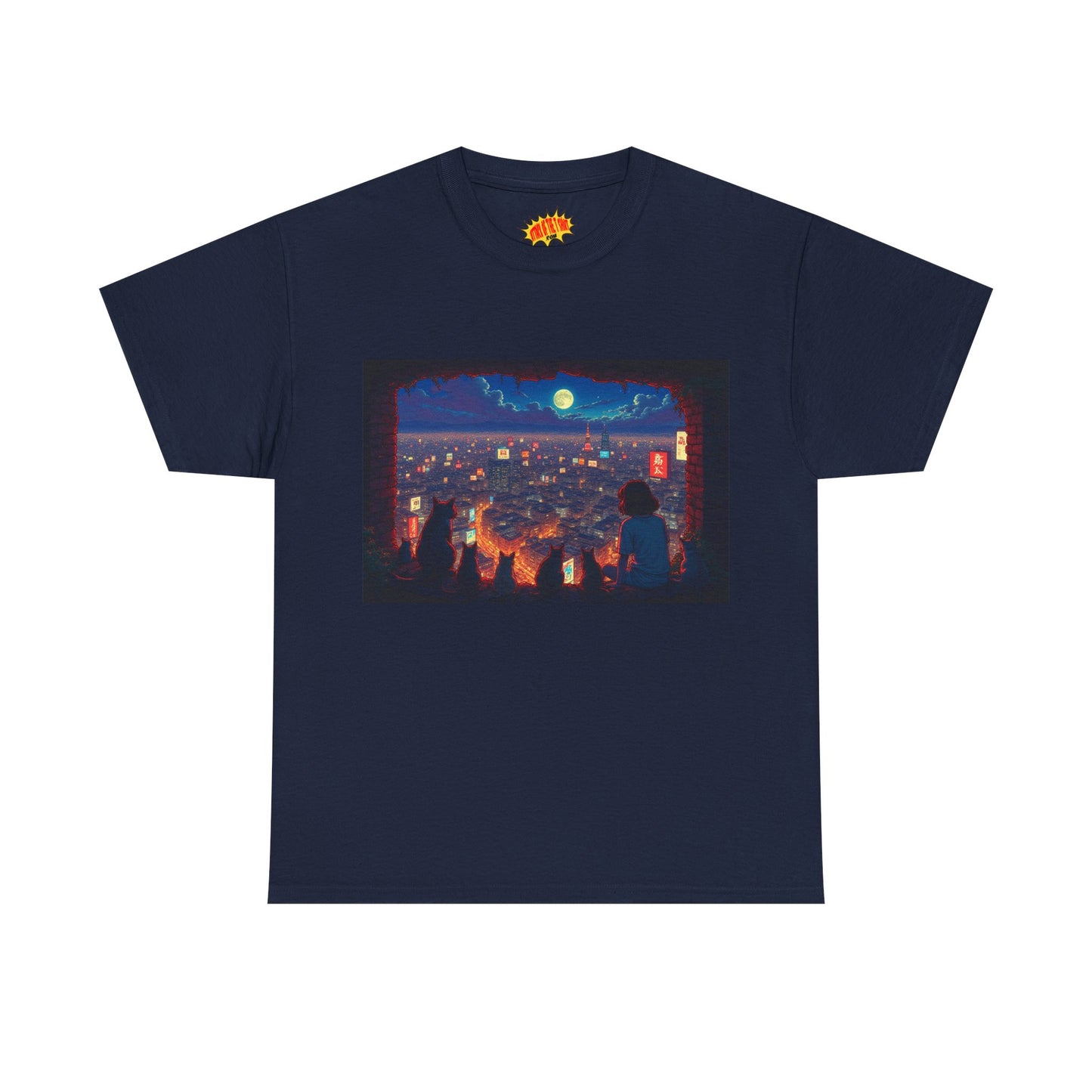Cityscape Anime Nighttime Scene w/Girl & Cats T-Shirt *Multiple Colors*