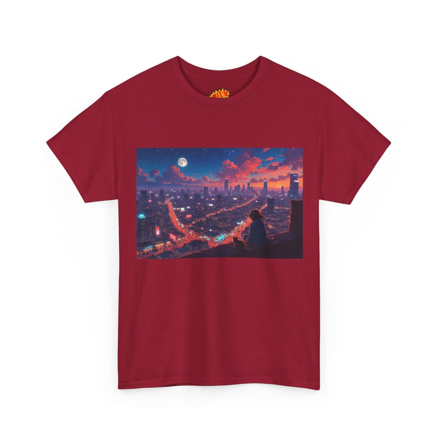 Anime City Neon Night Sky Scene w/Girl & Cats T-Shirt *Multiple Colors*