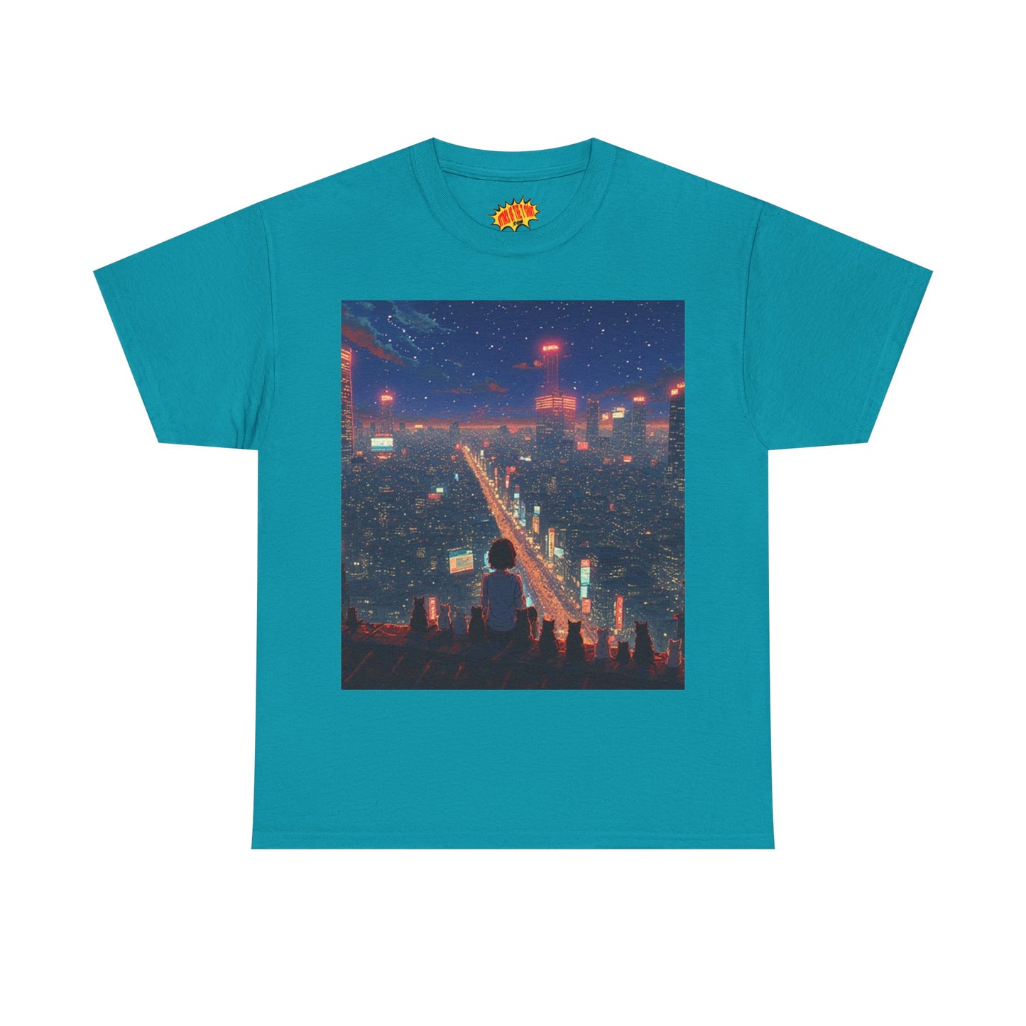 Nighttime Neon Anime City Scene w/Girl & Cats T-Shirt *Multiple Colors*