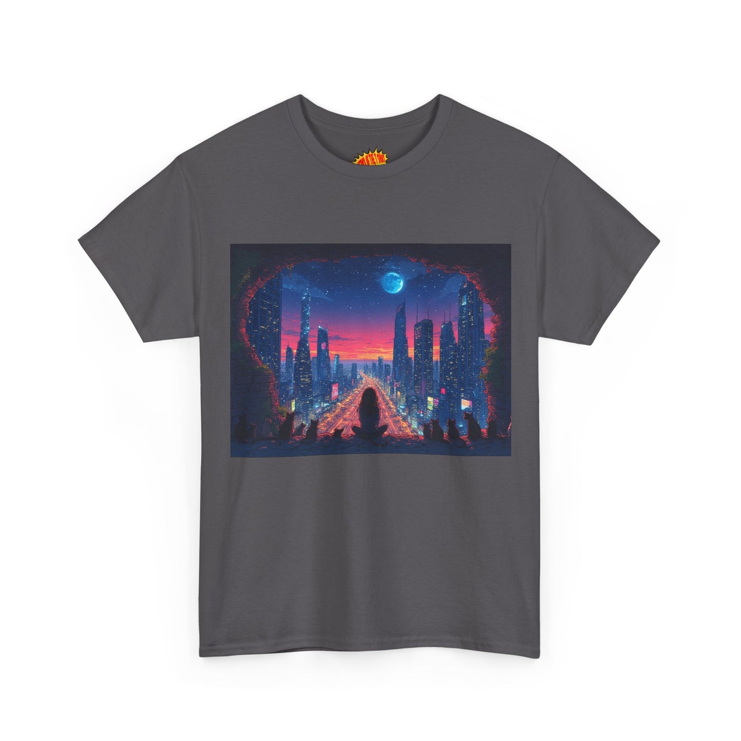 Anime Neon Cityscape Full Moon w/Girl & Cats T-Shirt *Multiple Colors*