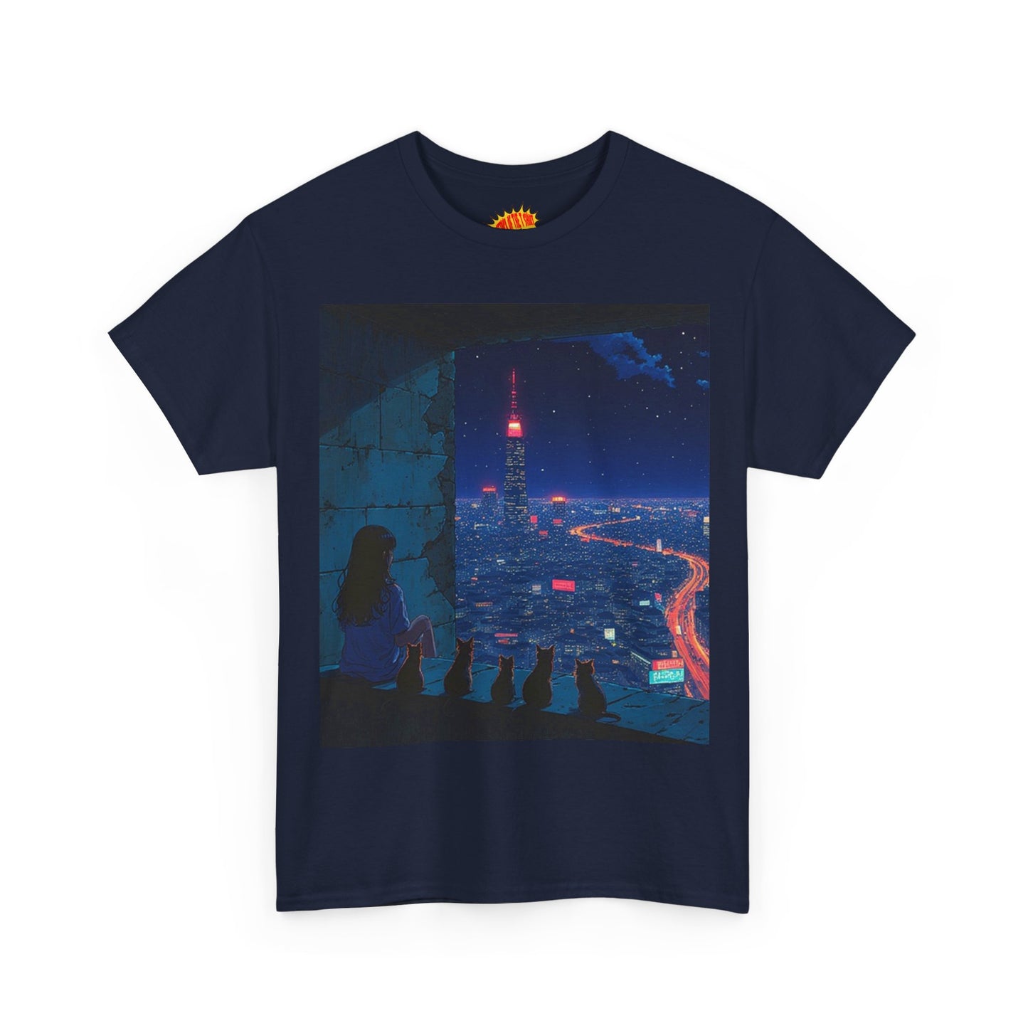 Anime Cityscape Night Scene w/Girl & Cats T-Shirt *Multiple Colors*