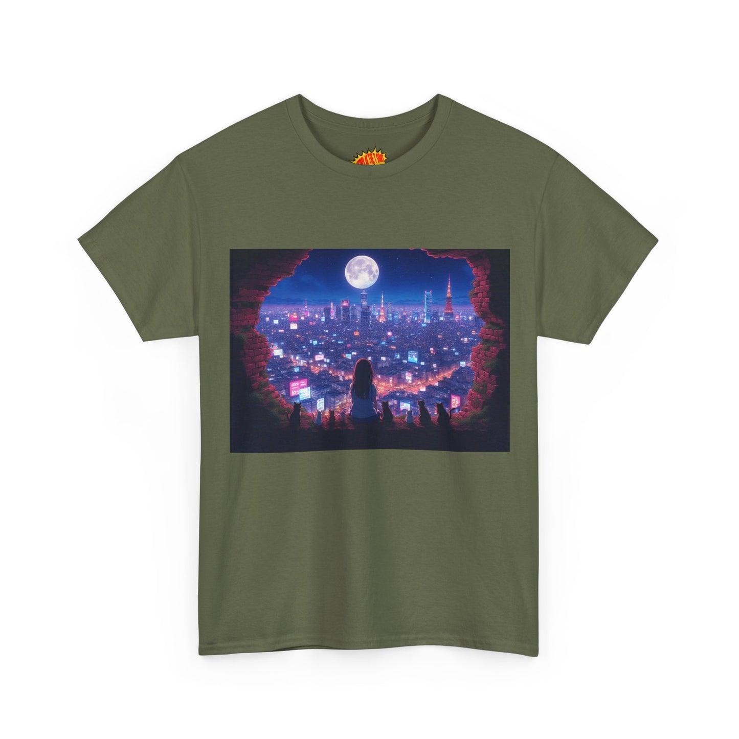 Neon Anime City Night Scene w/Girl & Cats T-Shirt *Multiple Colors*