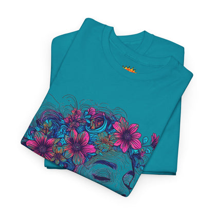 Multicolor Line Drawing Human Flower Graphic Art Tee Shirt