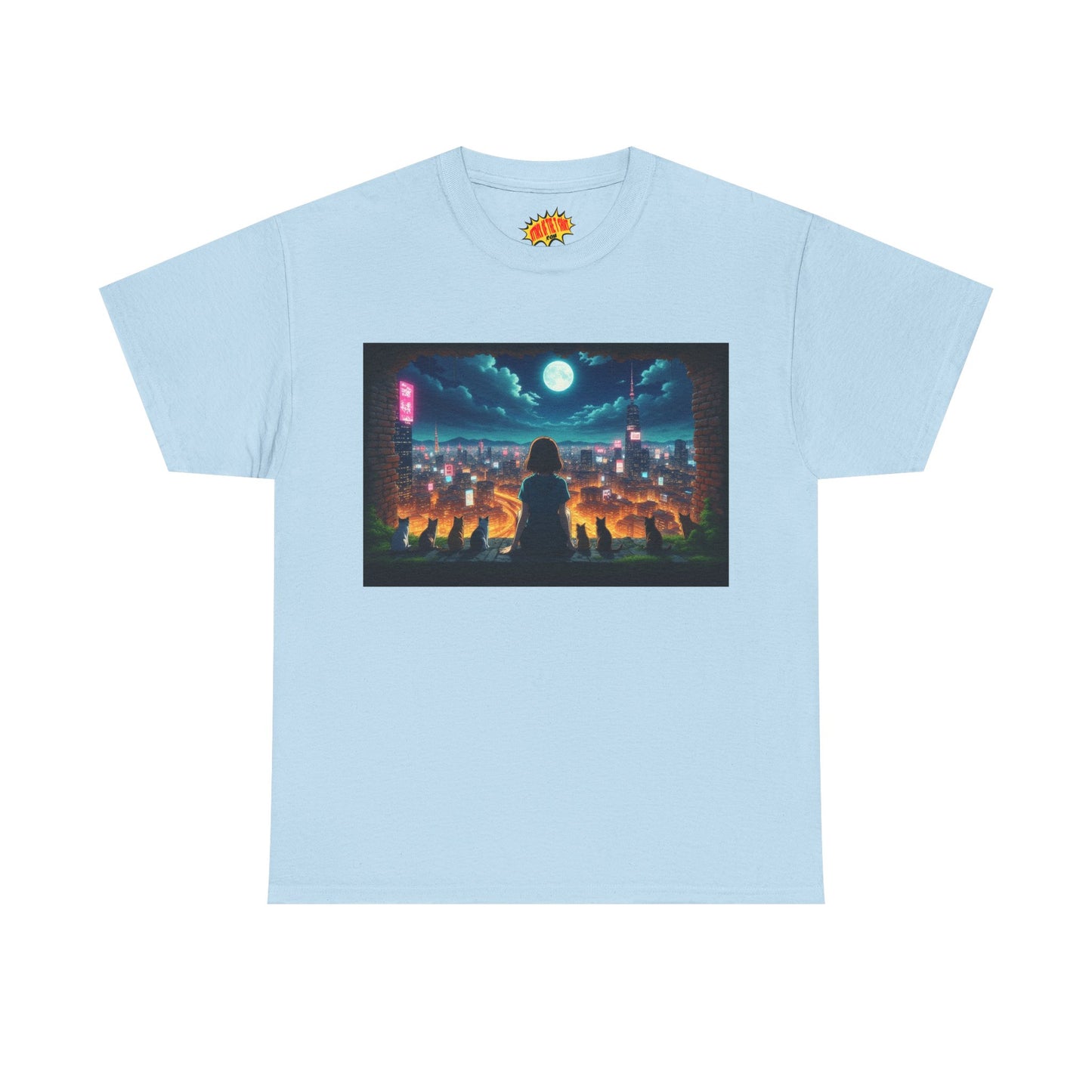 Anime Neon City Night Scene w/Girl & Cats T-Shirt *Multiple Colors*