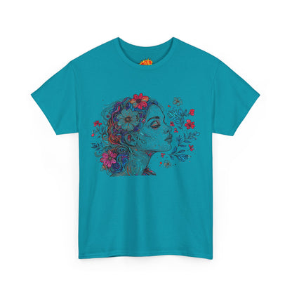 Multicolor Line Drawing Human Graphic Flower Art Tee Shirt