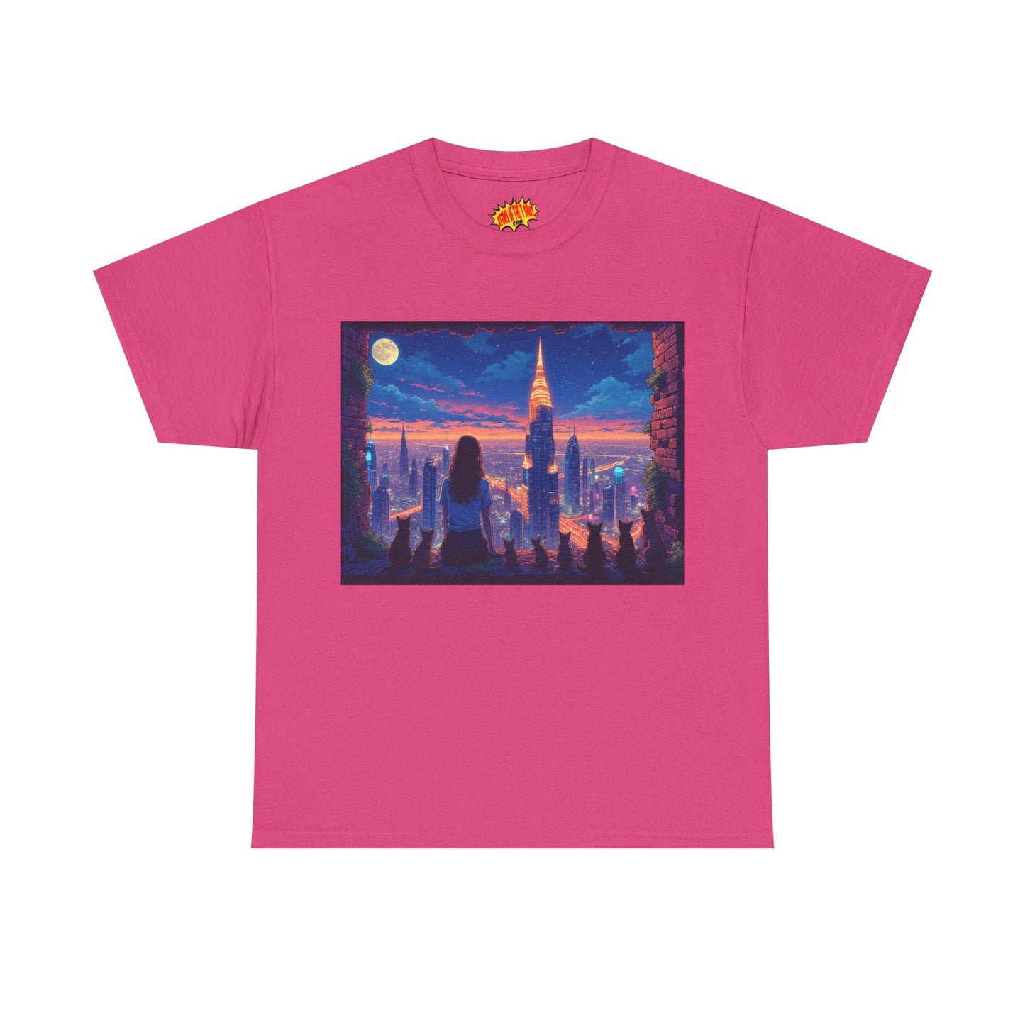 Anime Neon City Full Moon Scene w/Girl & Cats T-Shirt *Multiple Colors*