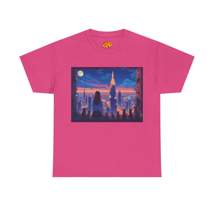 Anime Neon City Full Moon Scene w/Girl & Cats T-Shirt