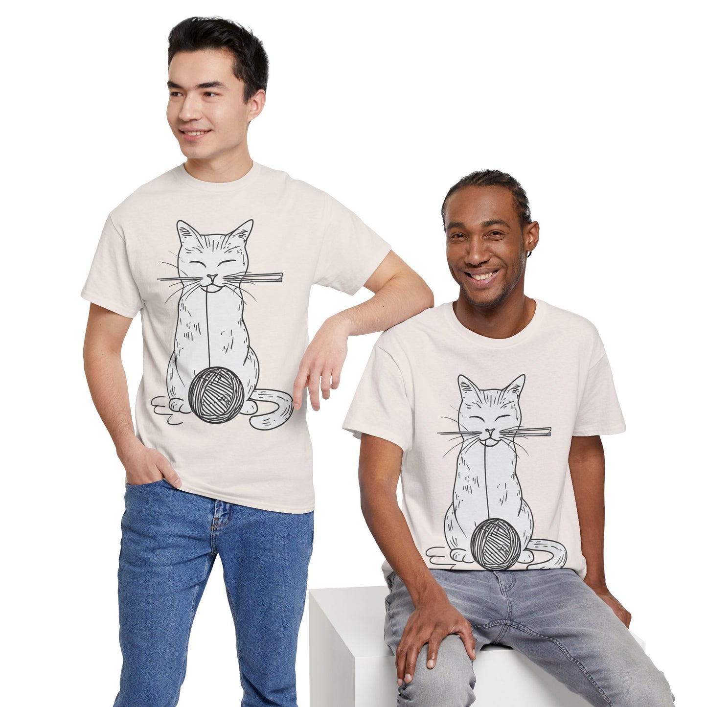 White Cat w/Yarn Ball Art Drawing Tee Shirt *Multiple Colors*