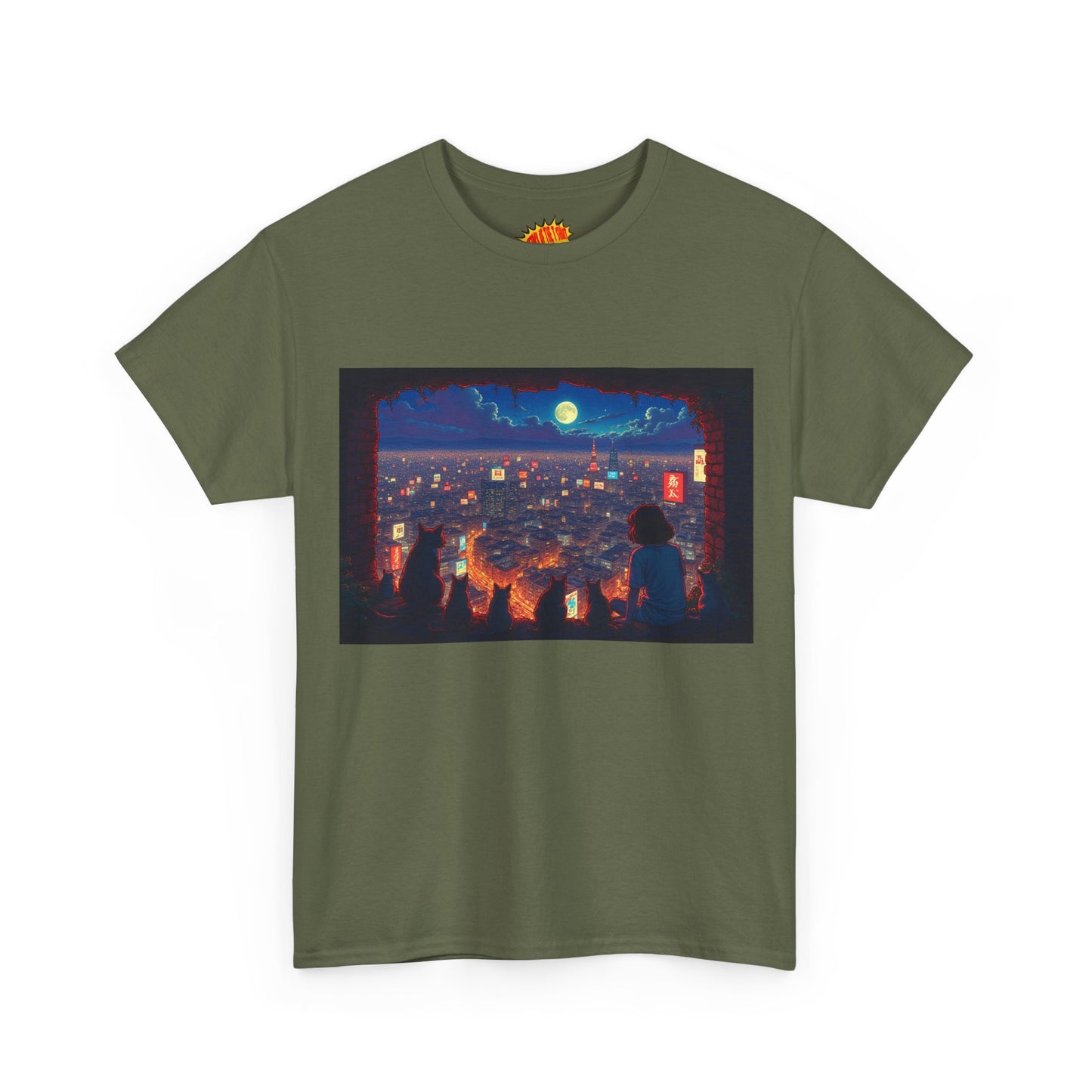 Cityscape Anime Nighttime Scene w/Girl & Cats T-Shirt *Multiple Colors*