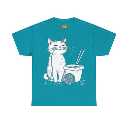 Happy Cat w/Noodles + Yarn Ball Art Drawing Tee Shirt