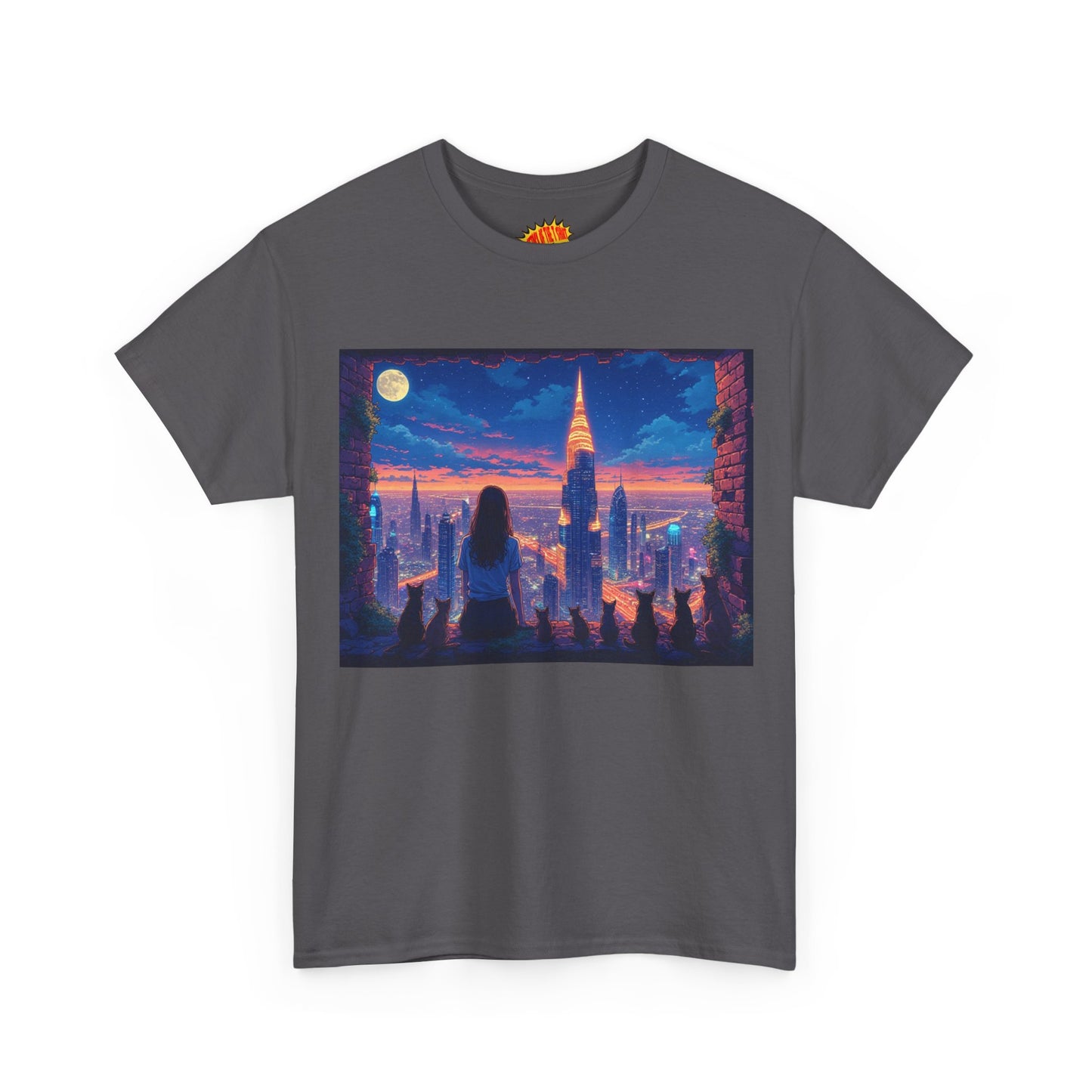 Anime Neon City Full Moon Scene w/Girl & Cats T-Shirt *Multiple Colors*