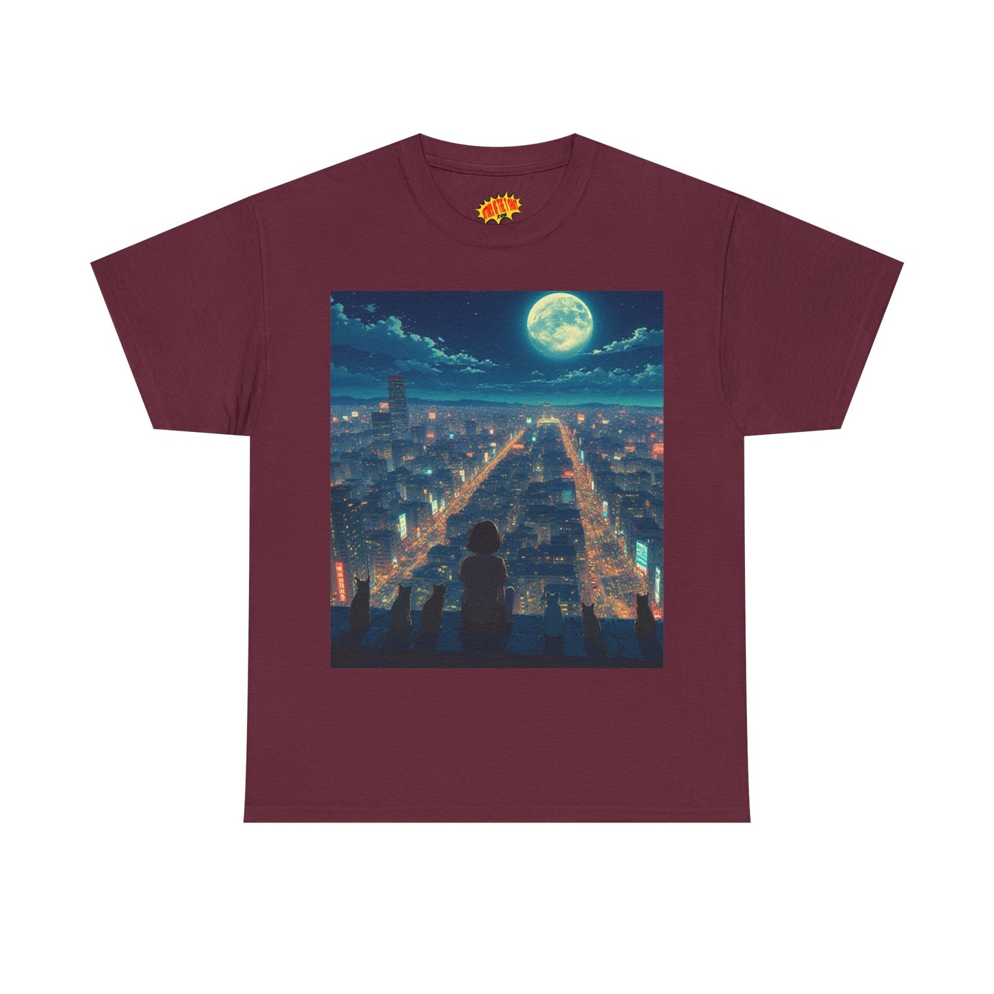 Anime City Full Moon Scene w/Girl & Cats T-Shirt *Multiple Colors*