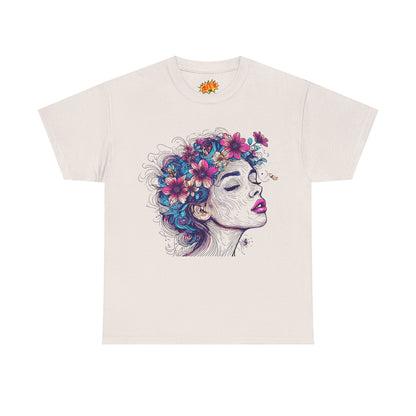 Multicolor Line Drawing Human Flower Graphic Art Tee Shirt