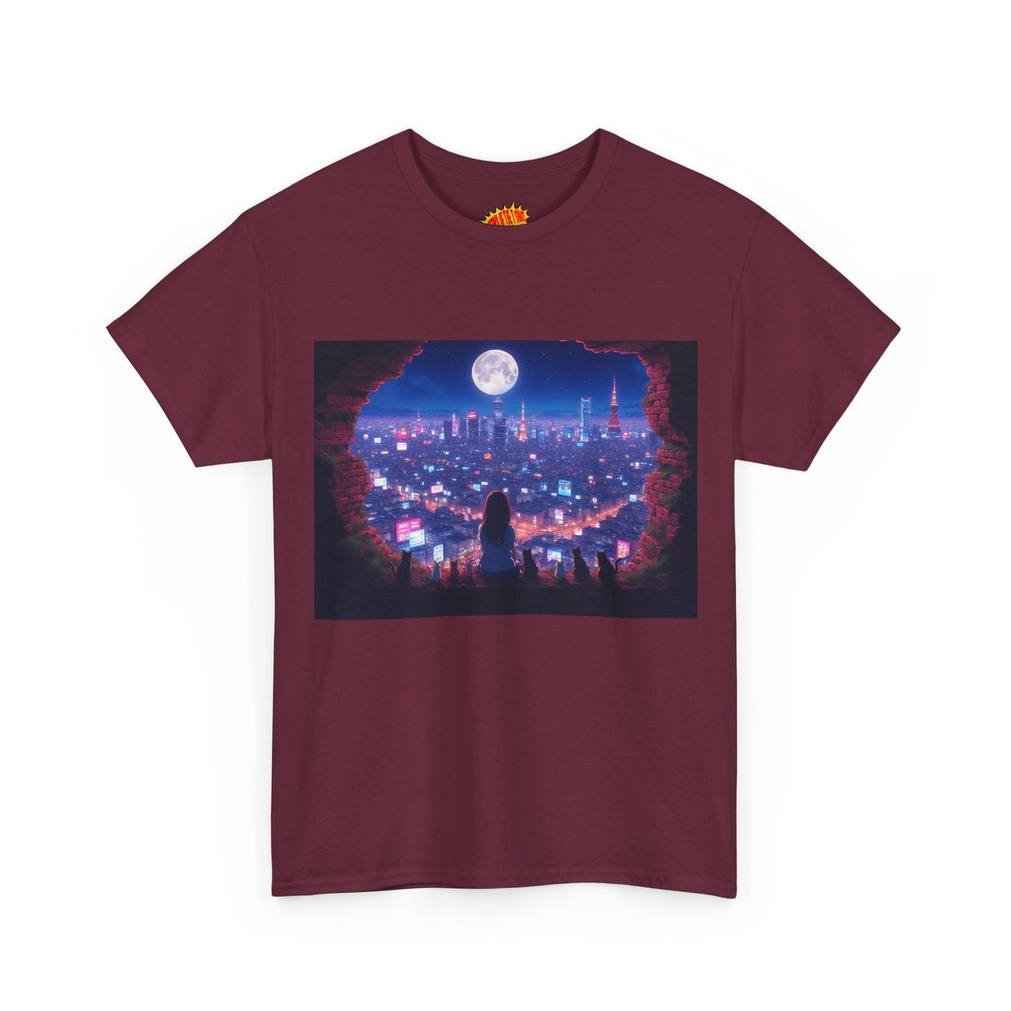 Neon Anime City Night Scene w/Girl & Cats T-Shirt *Multiple Colors*