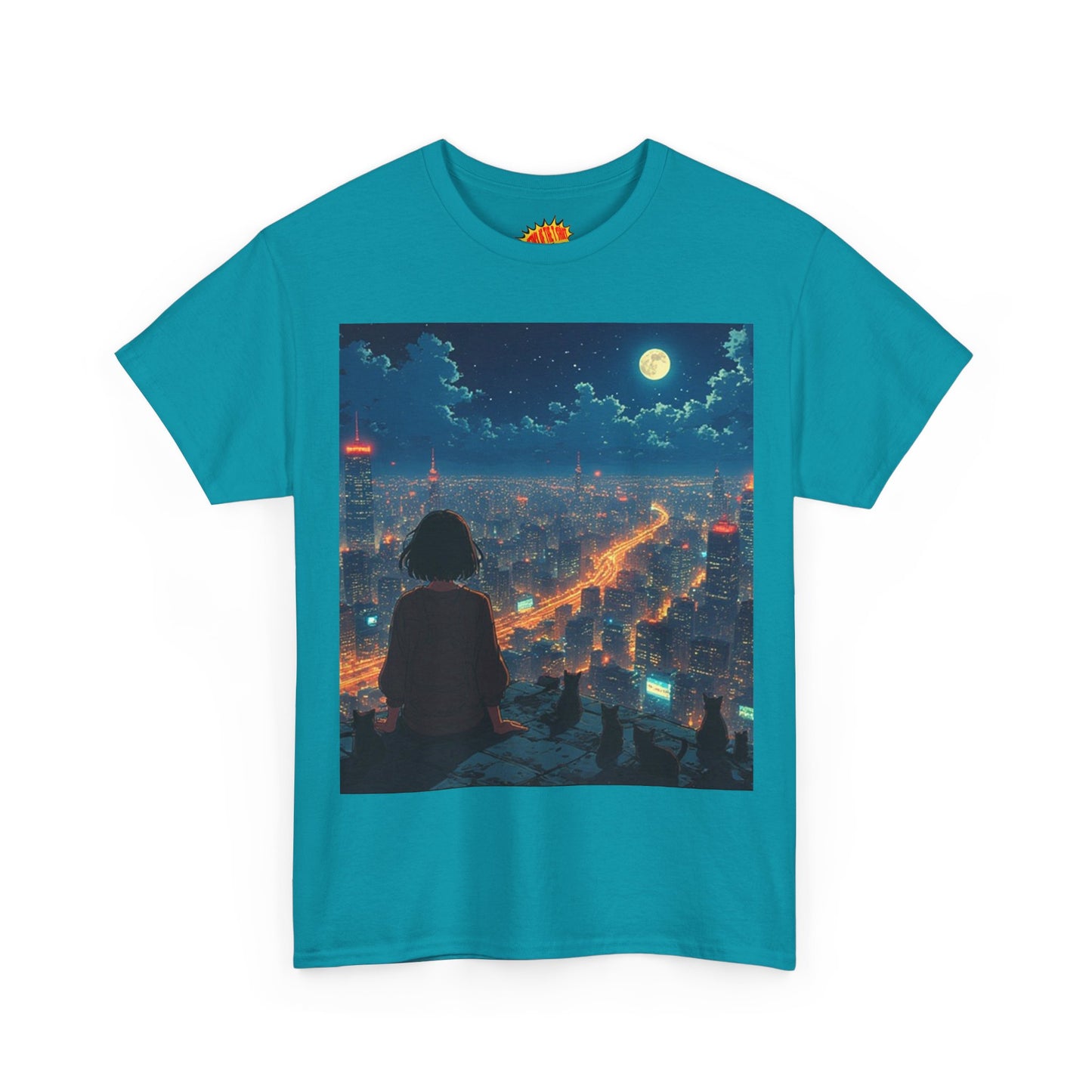 Neon City Anime Night Scene w/Girl & Cats T-Shirt *Multiple Colors*