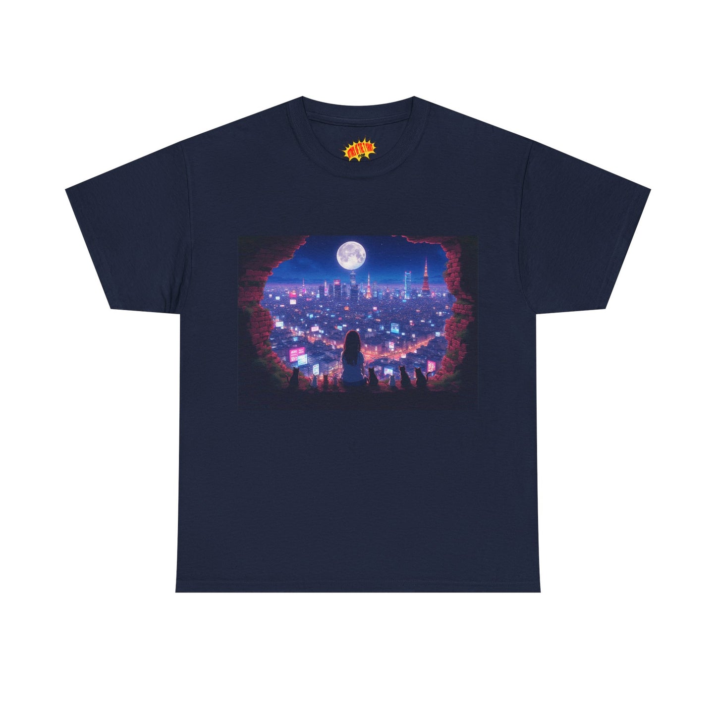 Neon Anime City Night Scene w/Girl & Cats T-Shirt *Multiple Colors*