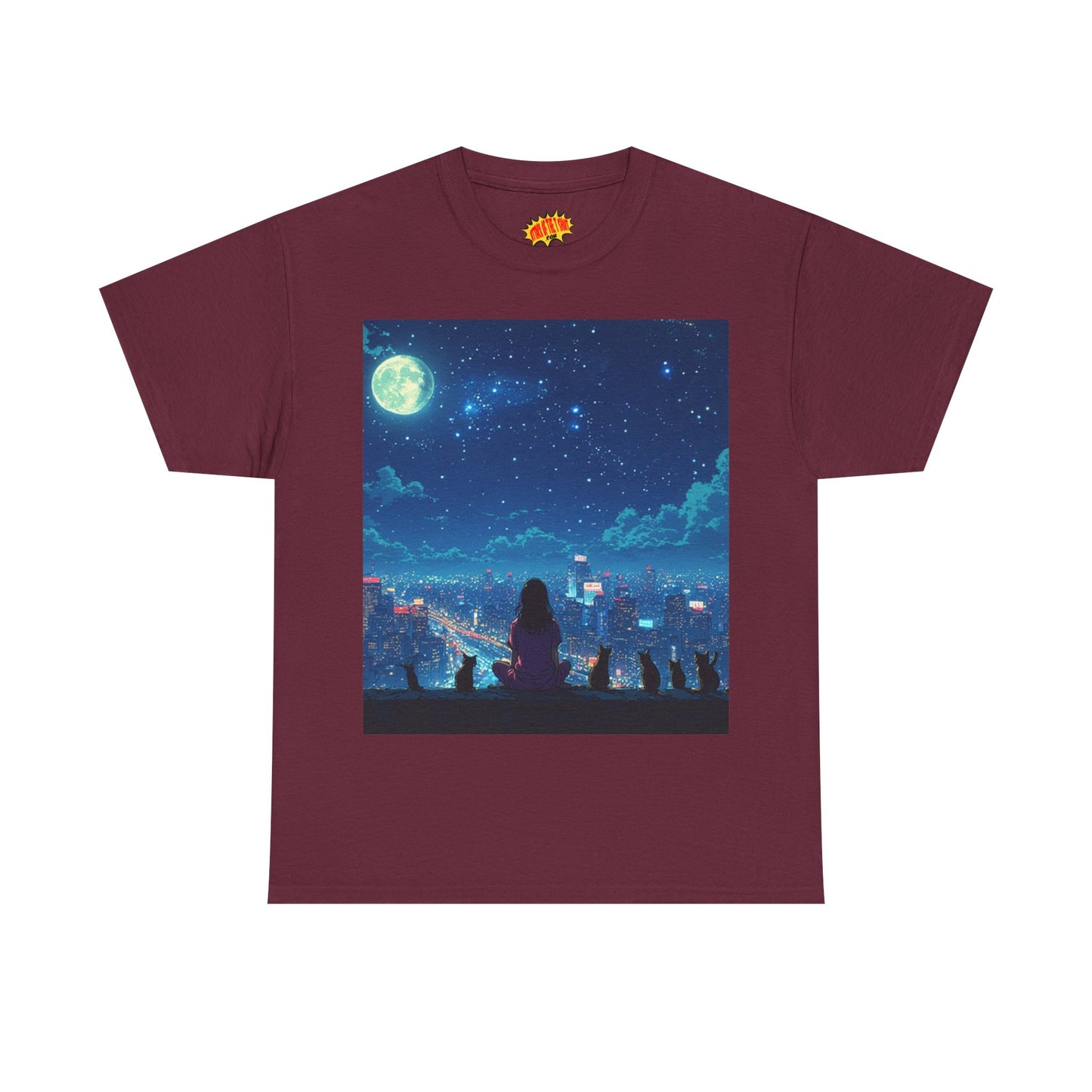 Anime Full Moon City Scene w/Girl & Cats T-Shirt *Multiple Colors*